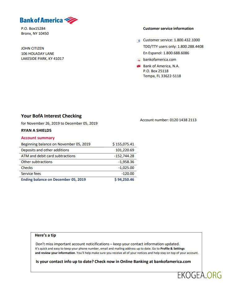 Modèle de relevé bancaire USA Bank of America facile à remplir au format Word et PDF